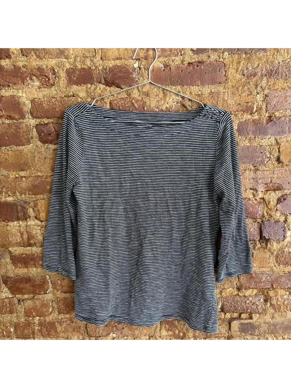 LOFT Women's Grey and Blue Striped Boatneck Top
